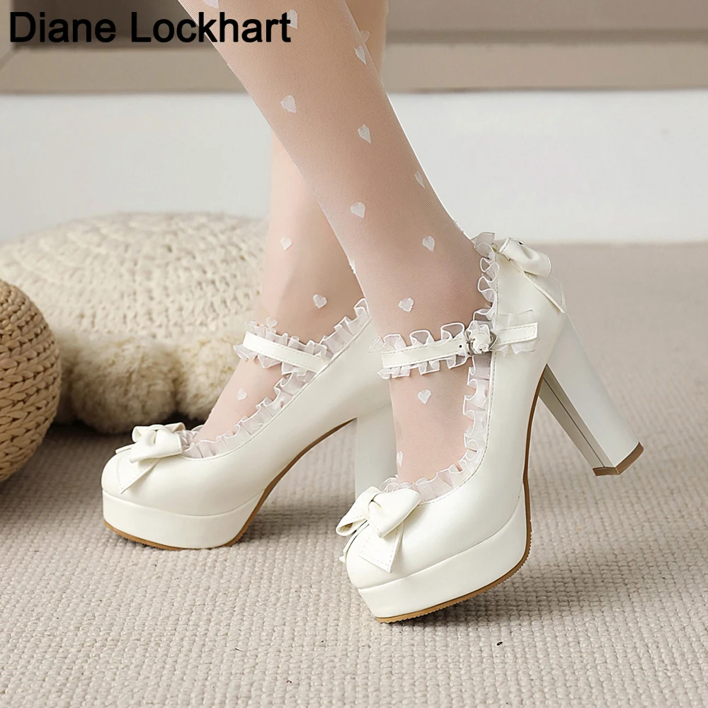 Frauen Süße Bogen High Heels Weibliche Spitze Lolita Schuhe Nette Plattform Unten weiß Pumpen Frau Kleid Hochzeit Schuhe Große Größe 32 41 43