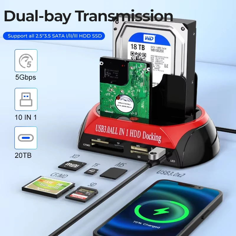 10 IN 1 Dual-Bay-Festplattenstation USB3.0 5 Gbit/s HDD-Dockingstation mit 12 V 3 A Netzteil für 2,5/3,5 Zoll HDD/SSD TF-Karte Image