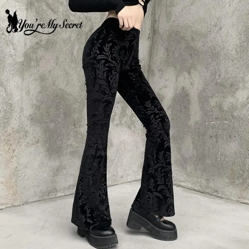 [Sie sind Mein Geheimnis] Vintage Gothic Print Schwarz Hosen für Frauen Goth Harajuku Hohe Taille Ausgestelltes Hosen Gothic ästhetische Punk Hohe