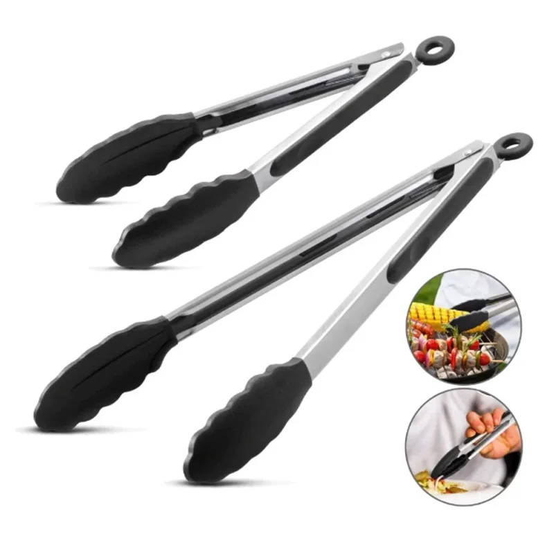 9-Zoll-Silikon-Lebensmittelzange Grill Edelstahl Lebensmittelqualität Silikonspitze Rutschfeste Lebensmittelzange BBQ-Zange Küchenutensilien Image