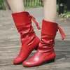 Damen rote Stiefel Frühling Herbst lässig zurück schnüren Mid-Calf Stiefel für Frauen Plissee Low Heel Pu Leder Botas Femininas groß stiefel damen schuhe damen hohe stiefel lederstiefel schuhe damen
