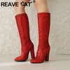 Reave Katze Glitter Frauen kniehohe Stiefel spitze Zehen klobige Absätze 11cm sexy Dame Schuhe Party