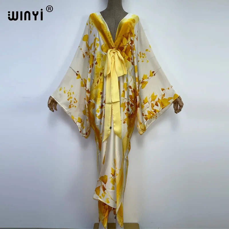 WINYI 2022 Sommer Sexy V-ausschnitt Kleid Frauen langarm Club Party Seidige elegante Lange Kleider boho Strand Cover Up Casual kaftan