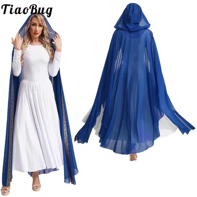 Damen Sheer Mesh Kapuzenumhang Lange Robe Halloween Cosplay Mittelalter Langer Umhang Lose Passform Magier Hexerei Wicca Robe Muslimisches Kleid Image