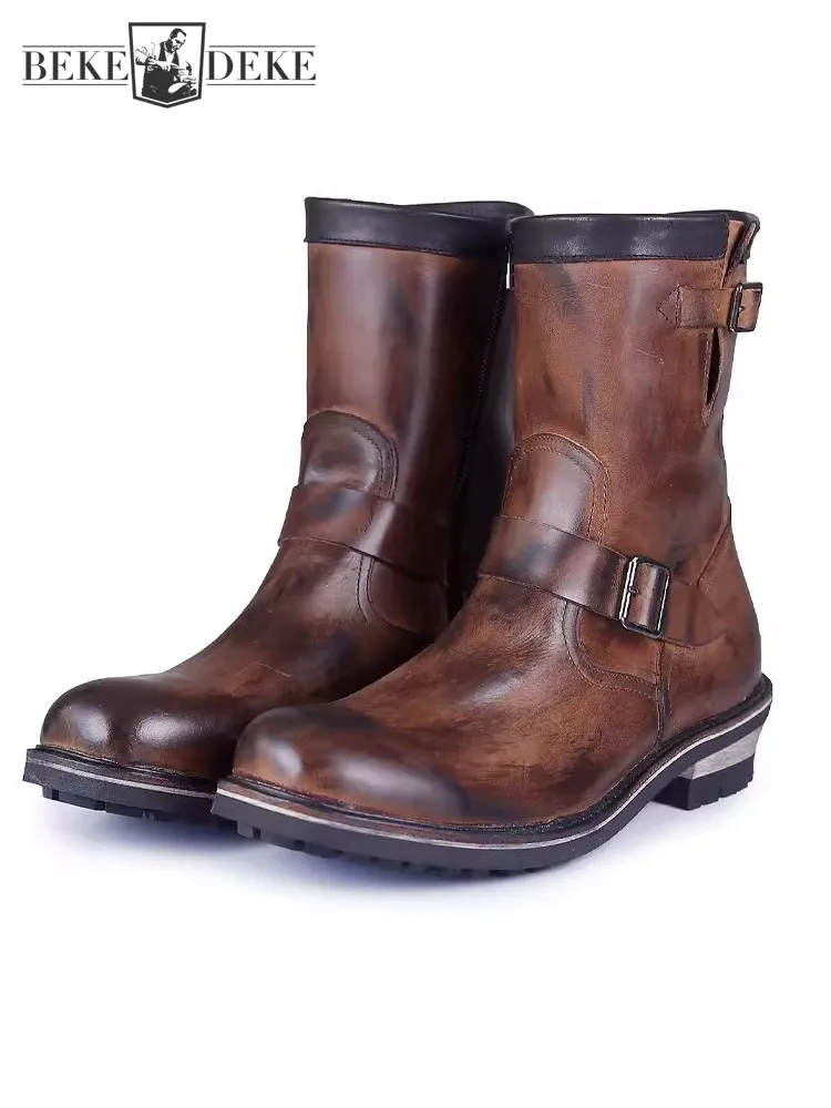 Vintage Herren Rindsleder Echt leder High Top Ingenieur Stiefel Schnalle runde Zehen Motorrad Reitstiefel Reiß verschluss Arbeit Sicherheits schuhe