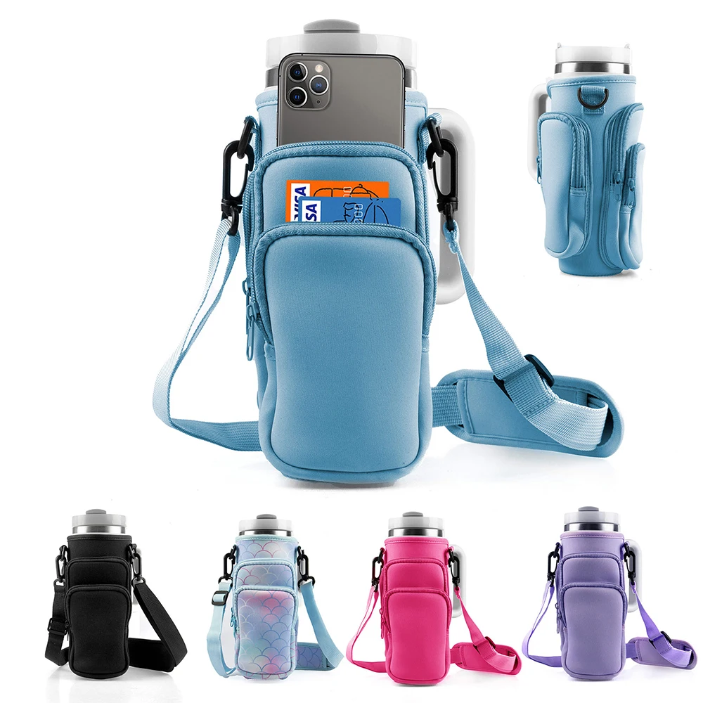 Isolierte Neopren-Wasserflaschenabdeckung für Stanley Quencher Cup 30oz 40oz mit Haltertasche, verstellbarer Schultergurt, Tragetasche Image