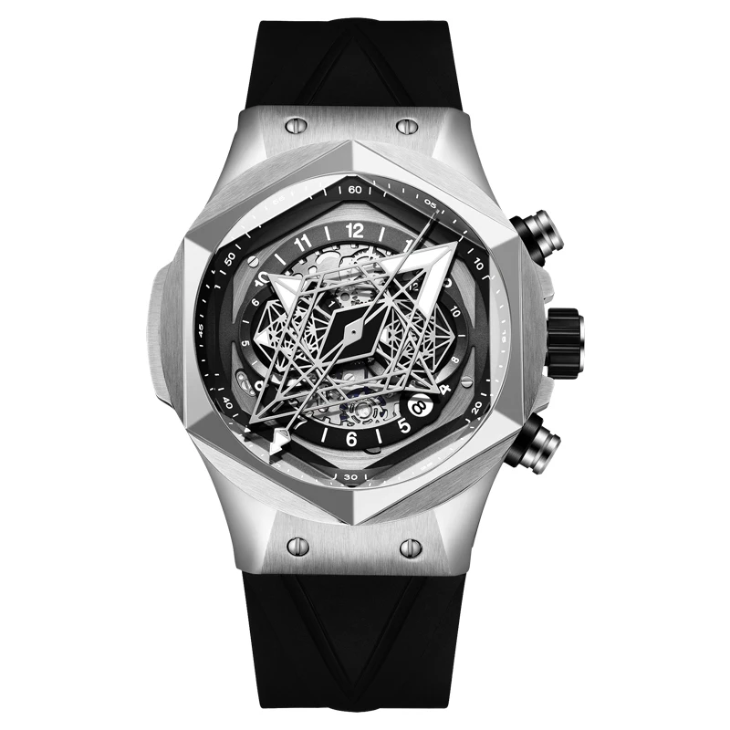 HANBORO Herren Uhren Luxus Uhr Automatische Mechanische Armbanduhr Luminous Skeleton Hexagonal Lünette Rubber Strap Image