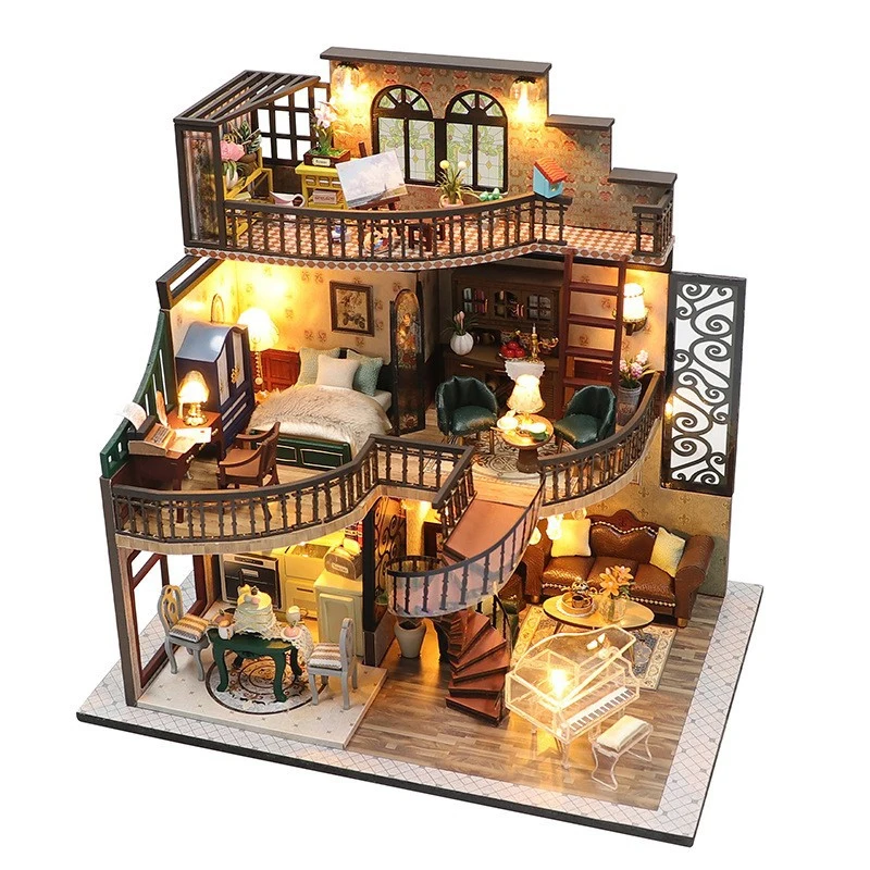 Neue 3D Holz Puzzle Mini Puppenhaus DIY Kleine Haus Kit Gebäude Montage Modell Spielzeug Hause ecoration Mit Möbel LED Weihnachten Geschenk