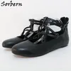 Sorbern schwarze Frauen flache Schuhe Multi Riemen runde Zehen Fetisch Unisex Style back Reiß verschluss plus Größe Damenschuhe weibliche Absätze