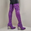 LAIGZEM Frauen Über Knie Stiefel Shiny Side Zip Thin High Heels Spitz Oberschenkel Hohe Stiefel Damen Schuhe Frau Große größe 43 45 47