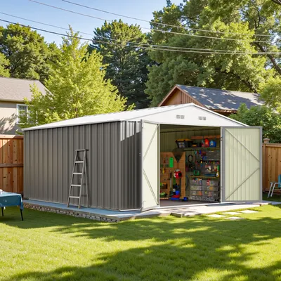 Victone 10' x 12' Metal Storage Shed for Outdoor, Steel Yard Shed with Lockable Doors, Utility and Tool Storage for Garden, Grey