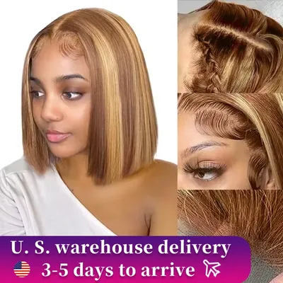 4/27 Highlight Bob Wigs Straight Lace Front Wig Human Hair Ombre Frontal Bob Wig Human Hair gluelss