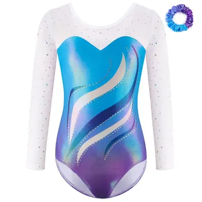 Kids Girls Gymnastic Ballet Dance Leotard Figure Skating Costume Long Sleeve Shiny Rhinestones