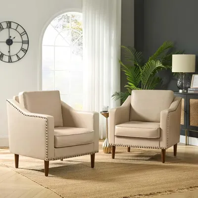 Faux Leather Accent Armchairs Set of 2 with Back & Seat Cushions, Nailhead Trim, Comfy Upholstered Sofa Chairs