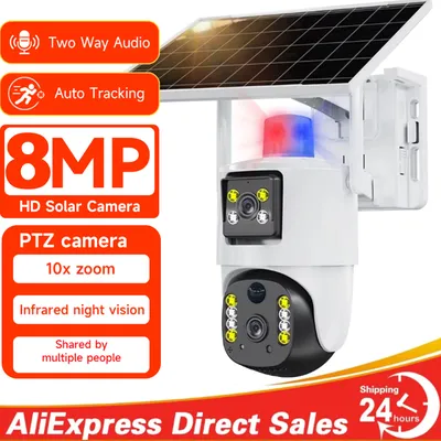 8MP Wireless Solar Camera Dual lens WiFi PTZ Camera Outdoor Built-in Battery Video Surveillance
