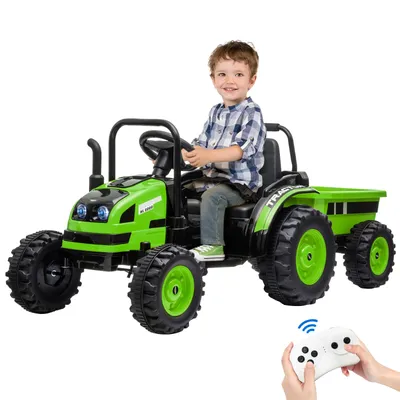 12V Kids Ride-On Tractor with Trailer,Remote Control,Music,LED Light,Rear Wheels Suspension,Battery