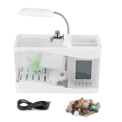 USB Rechargeable Mini Fish Tank with LED Light & LCD Clock - Multifunctional Desktop Aquarium