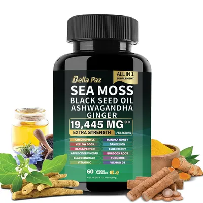 BellaPaz Sea Moss 7000mg, Black Seed Oil 4000mg, Ashwagandha 2000mg, Turmeric 2000mg, with Vitamin