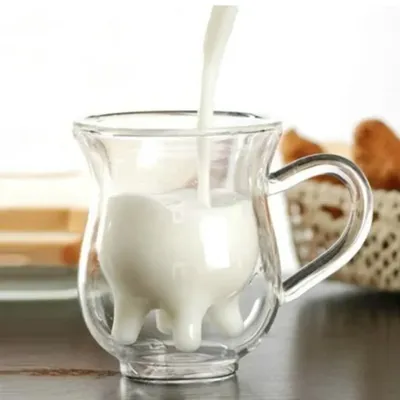 Creative Cow Double Layer Glass Creamer Cup 250ml Lovely Milk Jug Juice Tea Coffee Clear Mug