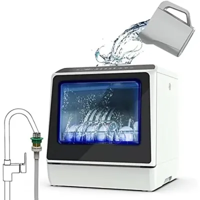 Portable Countertop Dishwasher with 5 Programs, 3-Cup Water Tank, Fruit/Veg Basket, High Temp, Air