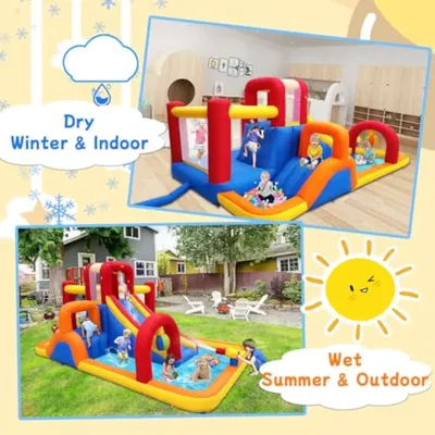 Inflatable Water Slide, 10 in 1 Water Park Bounce House with Blower, Splash Pool, 2 Slides, Water