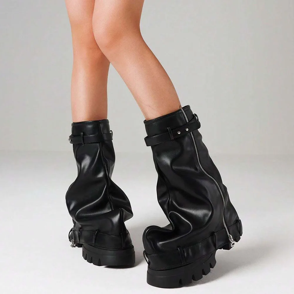 DoraTasia Fashion Women Fold Over Boots Chunky High Heels Mid Calf Platform Punk Gothic Fashion Metallic Motorcycle Shoes Woman