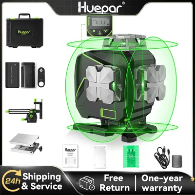 Huepar S03CG 3D LCD Display Cross Line Laser Level 12 Lines Green Beam Bluetooth & Remote Control