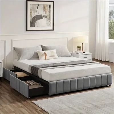 Padded bed frame with 4 storage drawers, no fixed headboard