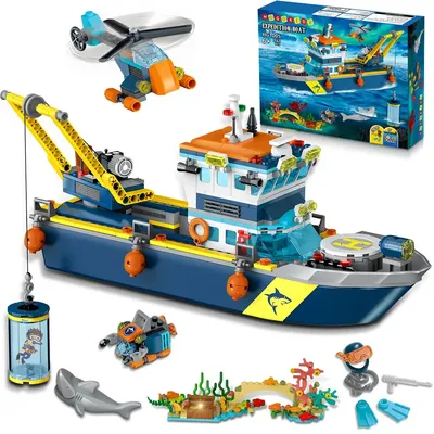 HOGOKIDS Floatable Boat Building Set with LED-Fun Arctic Explorer Ship with Helicopter Sub Shark