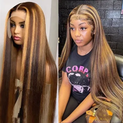 200 Density P4/27 13x4 13x6 HD Transparen Full Frontal Lace Colored Straight Frontal Preplucked Lace Human Hair Wigs 46 Inch