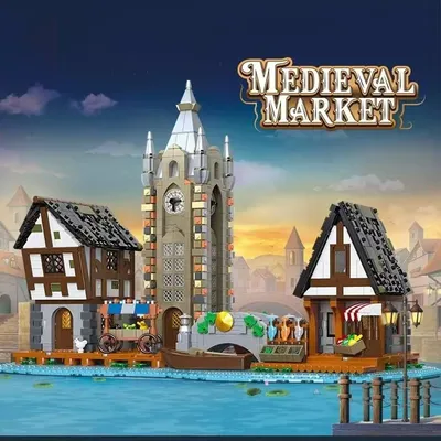 creative expert Ancient trading Medieval Market street view with light Moc building Block LED model