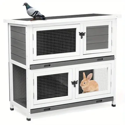 2 Story Outdoor Solid Wood Rabbit Hutch Bunny Cage with 2 Large Main Rooms, Grey