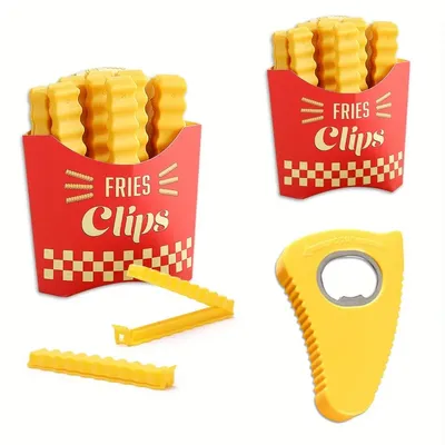 24 cute French fry shaped bag clips, 1 small yellow magnetic can opener, bag clip bottle opener for