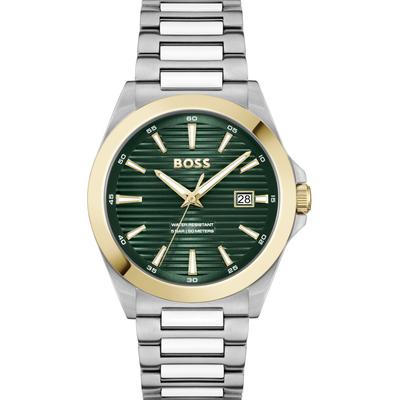 Quarzuhr BOSS "STRIKE", silber (silberfarben, dunkelgrün), Armbanduhren, Damen, Armbanduhr, Damenuhr, Herrenuhr, Edelstahlarmband, analog, Tag Image
