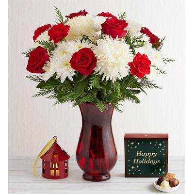 1-800-Flowers Flower Delivery Holiday Celebrations Double Bouquet W/ Red Vase, Lantern Ornament & Chocolate