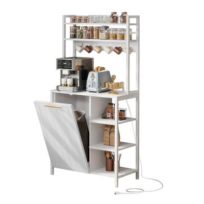 Bakers Rack Microwave Stand with Trash Can Bin Cabinet and Power Outlet