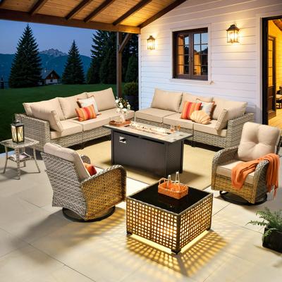 OVIOS 11 Pieces Outdoor Wicker Swivel Chair Set With Fire Table
