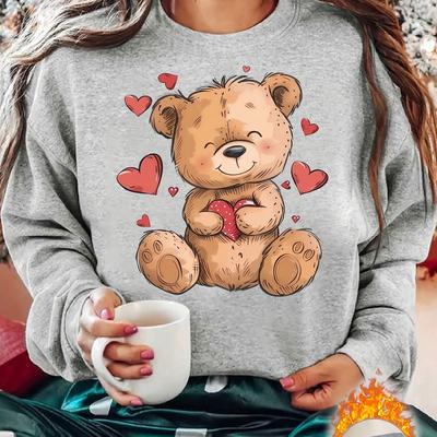 TEMU Women's Cartoon Bear & Hearts Graphic Print Crew Neck Sweatshirt - 100% Polyester, 250gsm Warm Fleece, Machine Washable, Cozy Fall Winter Casual Pullover With Micro-stretch Image