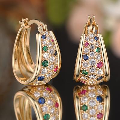 TEMU 1 Pair Of Elegant Golden-tone Hoop Earrings For Women - Exquisite Zirconia Gemstone Inlay, Luxurious Middle Eastern Style, Nickel-free Copper, Banquets & , Vintage Earrings