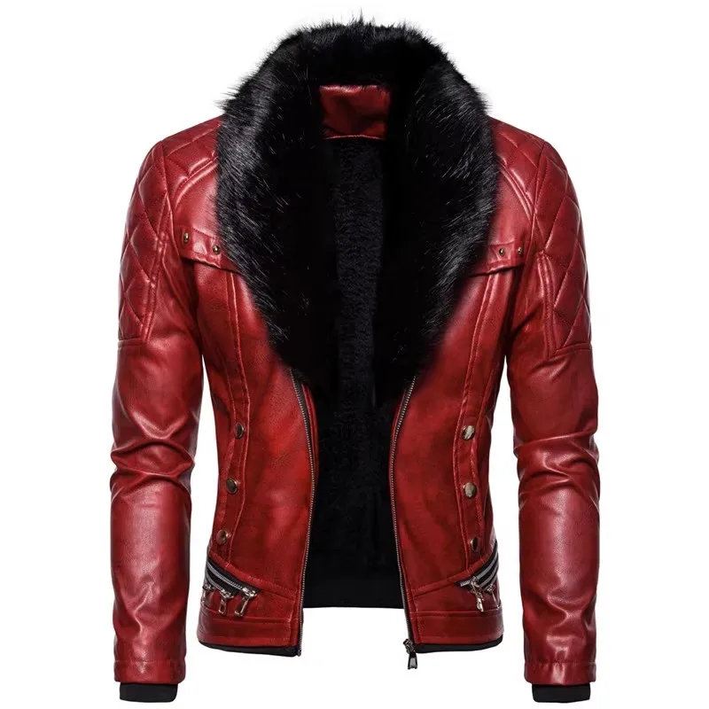 Nuova giacca invernale in pelle da motociclista in pile da uomo con colletto in pelliccia rovesciato slim fit caldo bomber in PU cappotti cappotto da motociclista da uomo