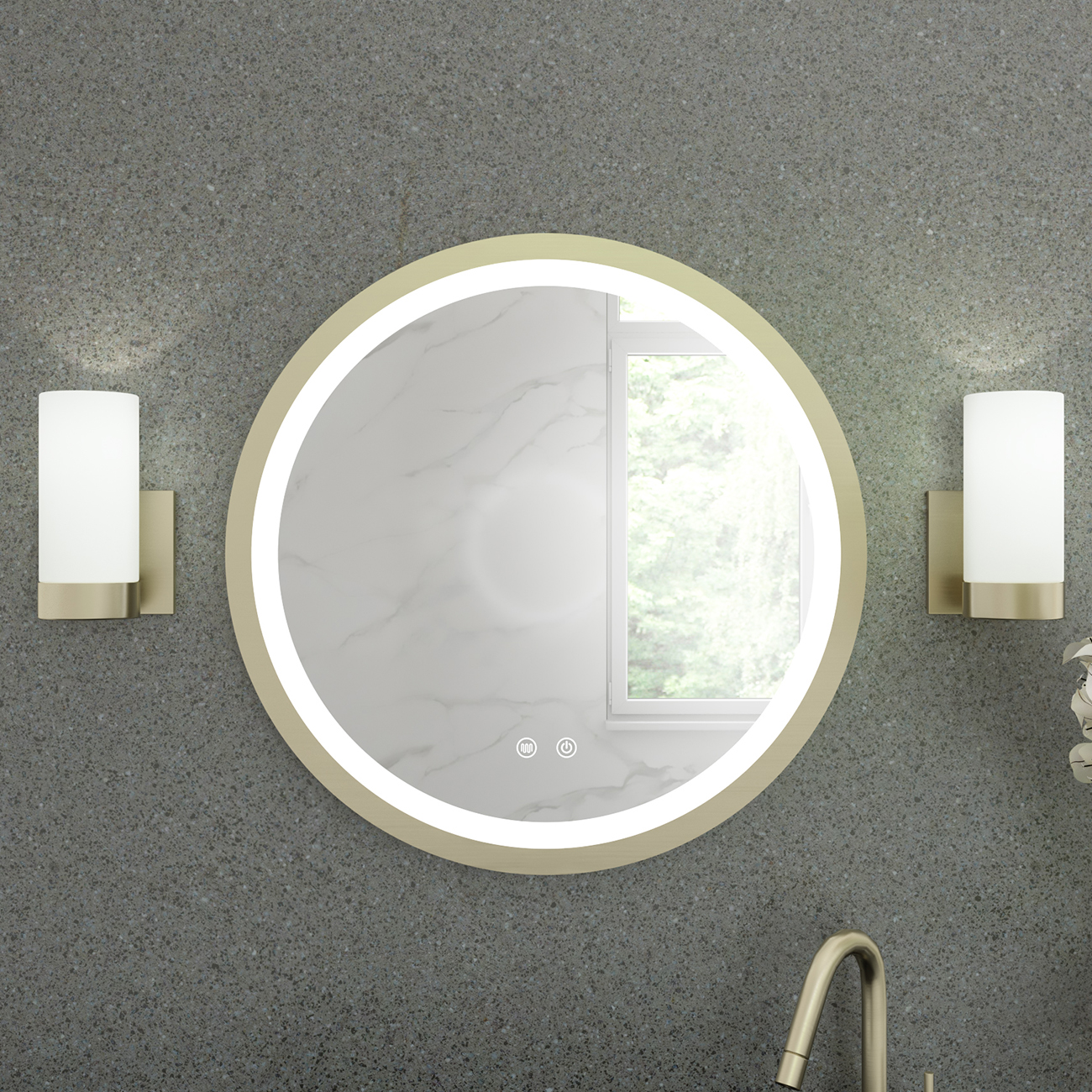 Randolph Morris Barrett 24 x 24 Inch Round Lighted Mirror with Anti-Fog - Brushed Brass Frame RMZK-M2424A1-BB
