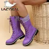 LazySeal Winter Warme Schnee Boot Frauen Schuhe Plattform Lila Furry Lace Up Schuhe Plüsch Mid-kalb Stiefel Große Größe 43