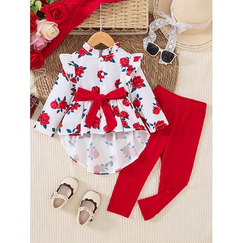 2 Stück Baby Mädchen Ostern Blumen Rüsche Weihnachtssets einstellen Langarm Aktiv Casual 4-7 Jahre Herbst Rote Image