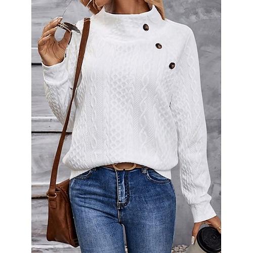 Damen Sweatshirt lässig strukturiert schlicht Street Alltag Rundhals Knöpfe Langarm weiß Herbst Winter