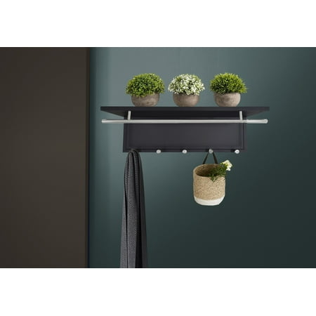 Metal Powder Coating Hook Wall Mounted Shelf with 5 Hooks Hanging Coat Hanger with Shelf for Entryway/Bathroom/Mudroom Black