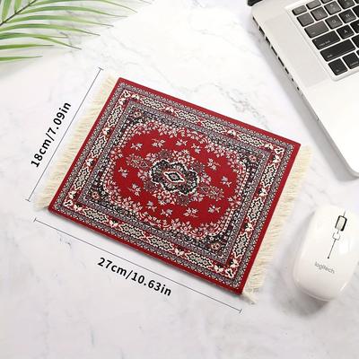 TEMU Middle Eastern Style Carpet Mouse Pad With Tassels, Red Plush Fabric, Home Office Desk Mat, Heat Insulation Cup Pad, Dining Table Mat, Souvenir Doll Mat, Decorative Fringed Rug Design