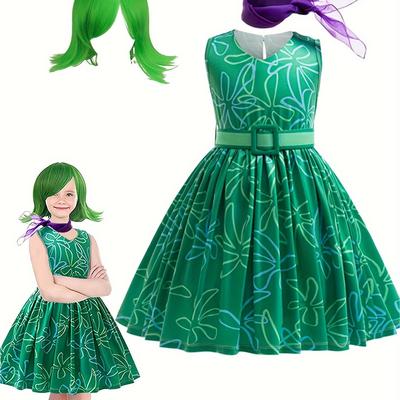 TEMU Girls Fun & Stylish Cartoon Character Dress Up Outfit, Sleeveless Allover Flowers Pattern Tutu Dress With Belt + Wig + Scarf For & Stage Performance, 4pcs