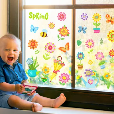 8 Blatt Cartoon Frühlings blume Sonne Schmetterling Dekoration Fenster statische Aufkleber Glas Dekor Ornamente Home DIY Glas haftet Image
