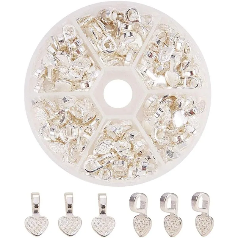 150 Stück silberne Herz-Kleber auf Bügeln für Ohrringe, Bügel, Anhänger, Charms, Verbinder, Scrabble oder Glas-Cabochon-Fliesen, Schmuckherstellung