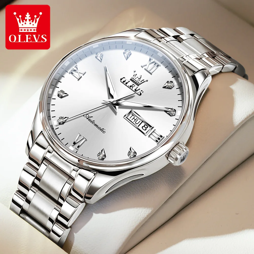 Olevs Herren automatische mechanische Uhr Kalender woche leuchtende wasserdichte Armbanduhr Edelstahl Armbanduhr für Herren Original Image
